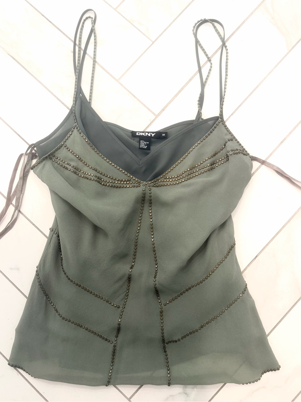 DKNY Olive Beaded Silk Cami Top, new sz 14